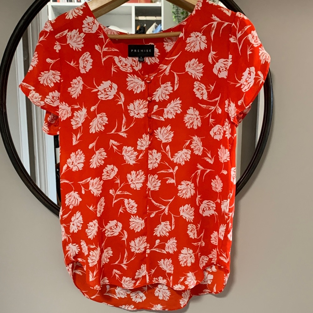 Premise Orange-Red Floral Short Sleeve Blouse